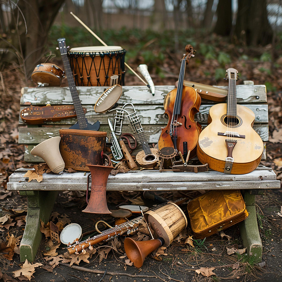 Community sharing resources like musical instruments and equipment